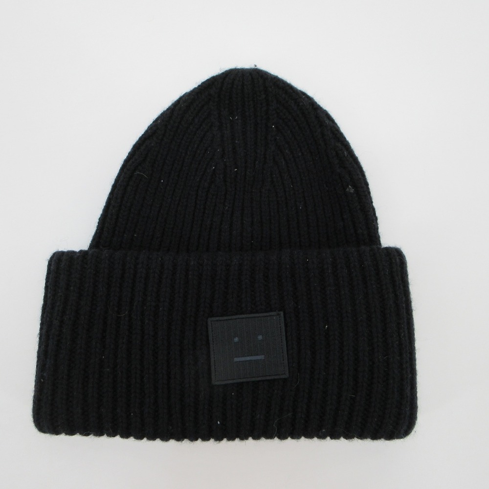 Acne Studios Black Pansy N Face Ribbed Wool Beanie Hat C40135 FA-UX-HATS000063